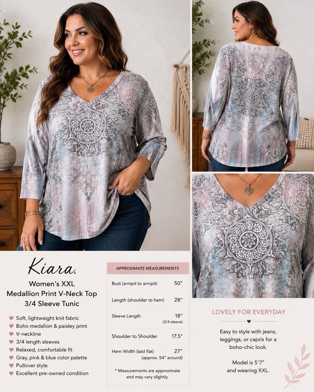 Kiara XXL Boho Medallion Print V Neck Tunic Top 3/4 Sleeve Grey Pink Blue EUC